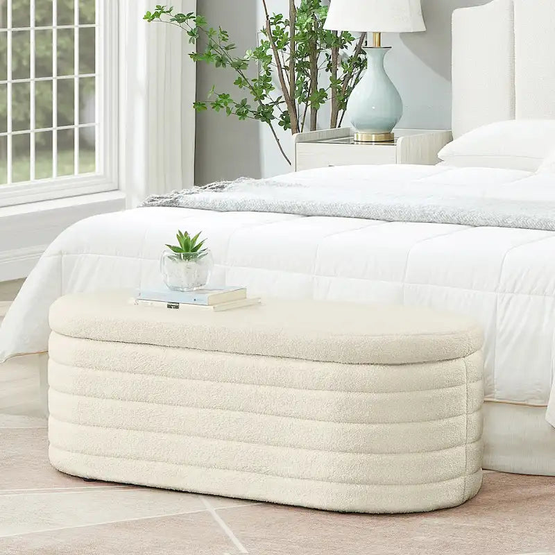 Panca Contenitore Ottomana Ovale con Rivestimento in Tessuto Teddy, Nessun assemblaggio richiesto