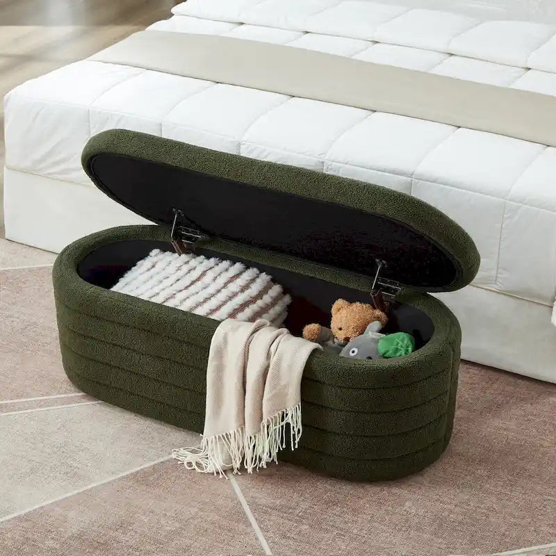 Panca Contenitore Ottomana Ovale con Rivestimento in Tessuto Teddy, Nessun assemblaggio richiesto