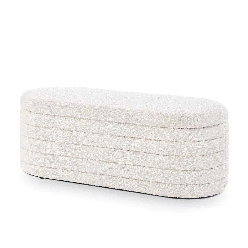 Panca Contenitore Ottomana Ovale con Rivestimento in Tessuto Teddy, Nessun assemblaggio richiesto