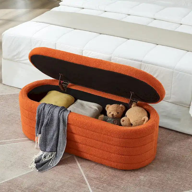 Panca Contenitore Ottomana Ovale con Rivestimento in Tessuto Teddy, Nessun assemblaggio richiesto