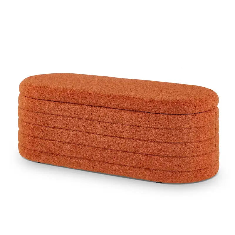 Panca Contenitore Ottomana Ovale con Rivestimento in Tessuto Teddy, Nessun assemblaggio richiesto