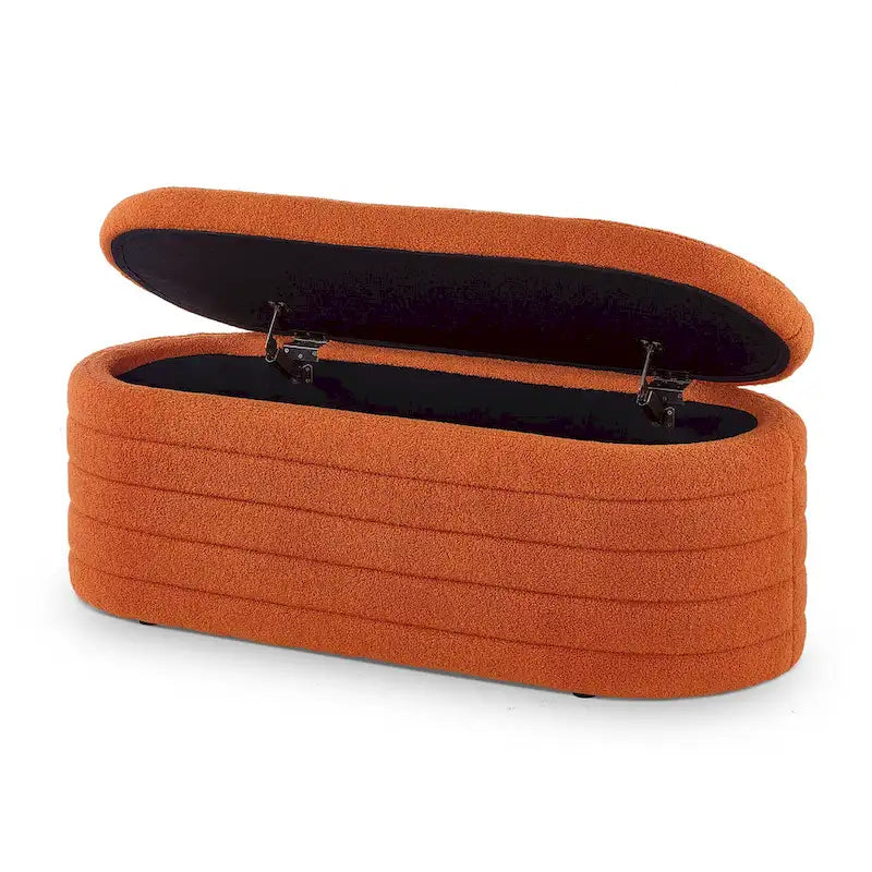 Panca Contenitore Ottomana Ovale con Rivestimento in Tessuto Teddy, Nessun assemblaggio richiesto