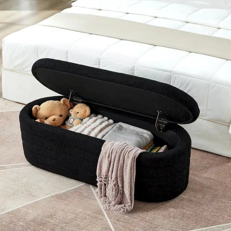Panca Contenitore Ottomana Ovale con Rivestimento in Tessuto Teddy, Nessun assemblaggio richiesto