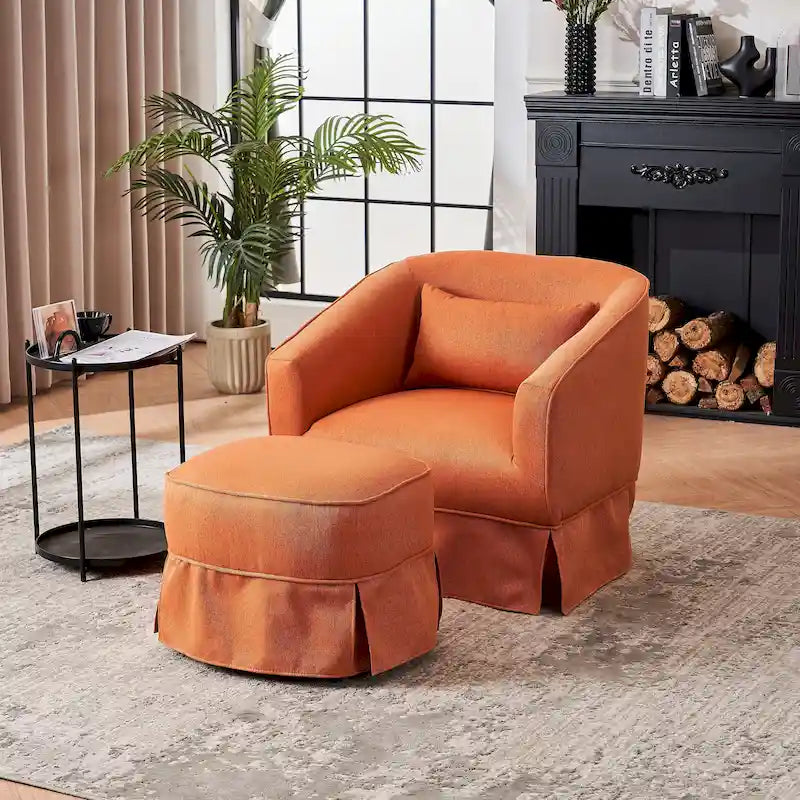 Poltrona Girevole A Botte Con Pouf, Poltrone Girevoli D'Accento, Poltrone Da Lettura, Poltrone Rotonde A Botte con Base in Metallo Nero