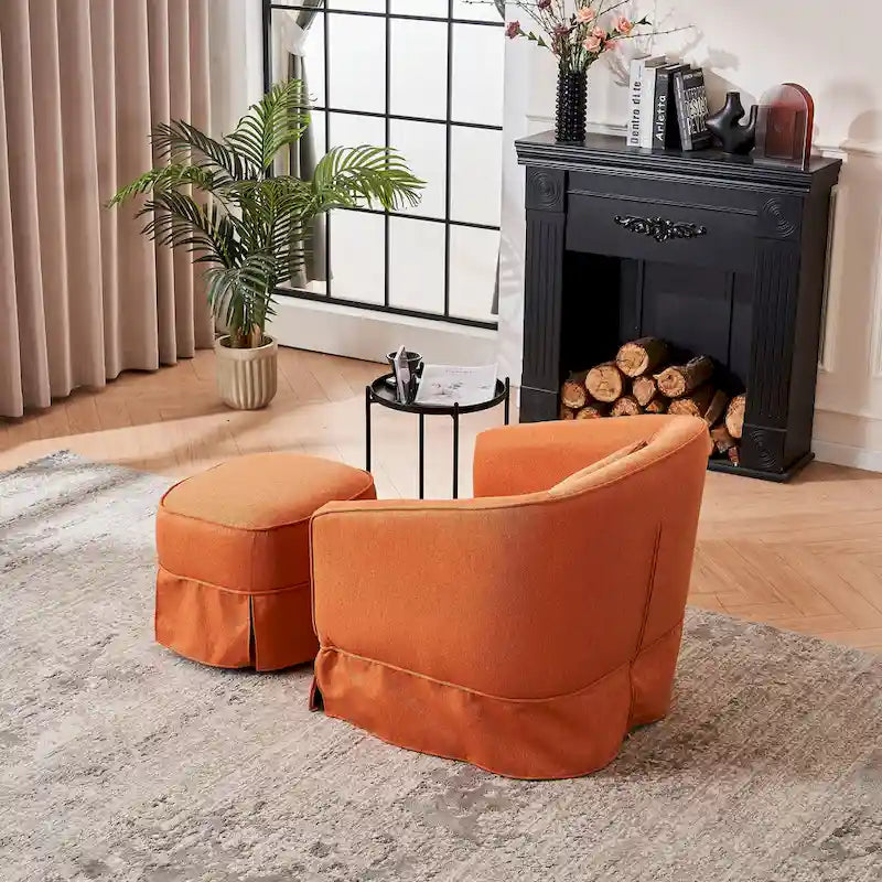 Poltrona Girevole A Botte Con Pouf, Poltrone Girevoli D'Accento, Poltrone Da Lettura, Poltrone Rotonde A Botte con Base in Metallo Nero