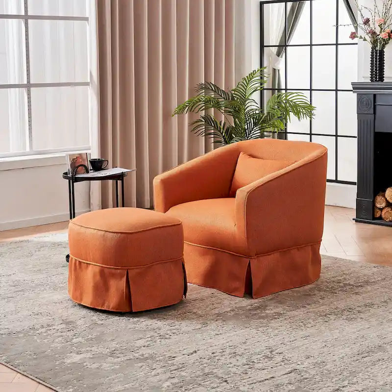 Poltrona Girevole A Botte Con Pouf, Poltrone Girevoli D'Accento, Poltrone Da Lettura, Poltrone Rotonde A Botte con Base in Metallo Nero