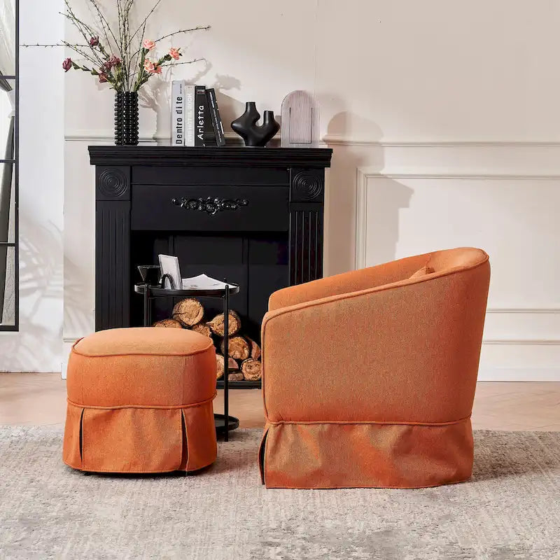Poltrona Girevole A Botte Con Pouf, Poltrone Girevoli D'Accento, Poltrone Da Lettura, Poltrone Rotonde A Botte con Base in Metallo Nero
