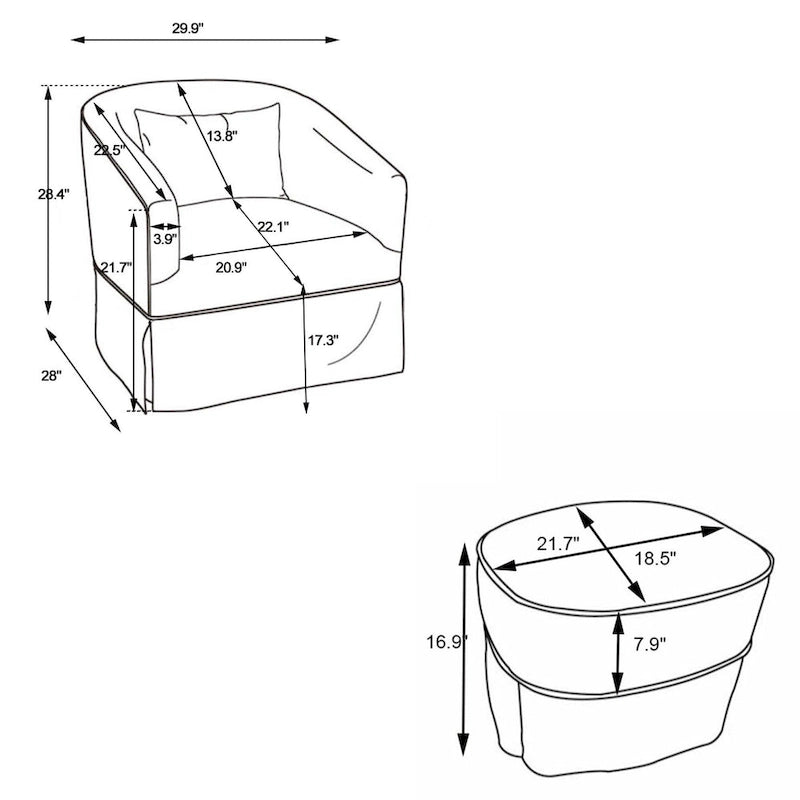 Poltrona Girevole A Botte Con Pouf, Poltrone Girevoli D'Accento, Poltrone Da Lettura, Poltrone Rotonde A Botte con Base in Metallo Nero
