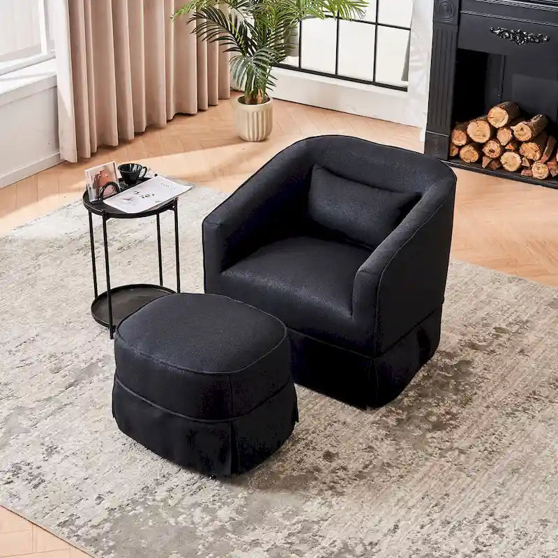 Poltrona Girevole A Botte Con Pouf, Poltrone Girevoli D'Accento, Poltrone Da Lettura, Poltrone Rotonde A Botte con Base in Metallo Nero