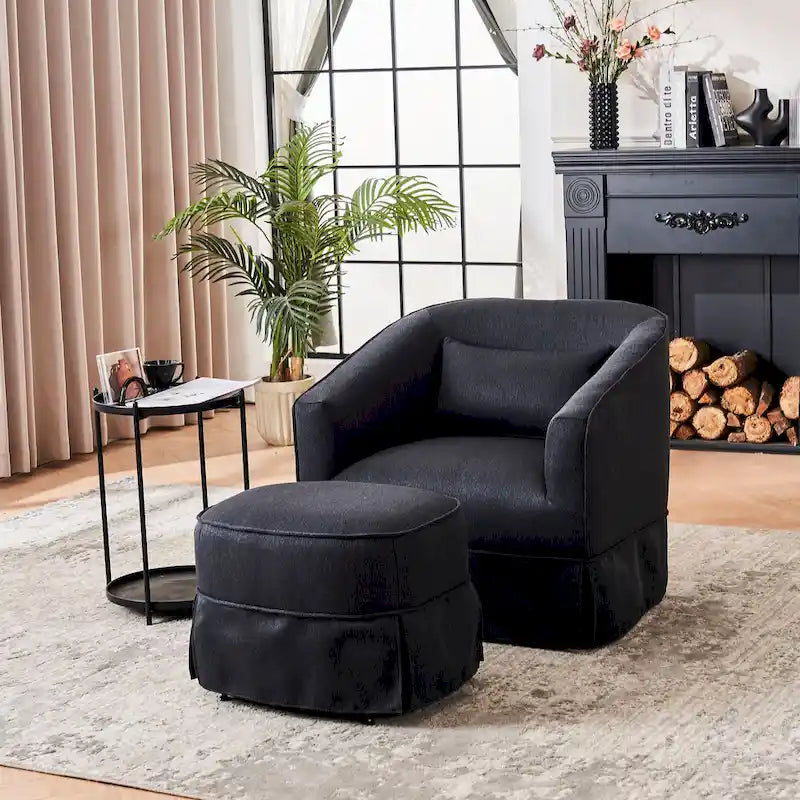 Poltrona Girevole A Botte Con Pouf, Poltrone Girevoli D'Accento, Poltrone Da Lettura, Poltrone Rotonde A Botte con Base in Metallo Nero