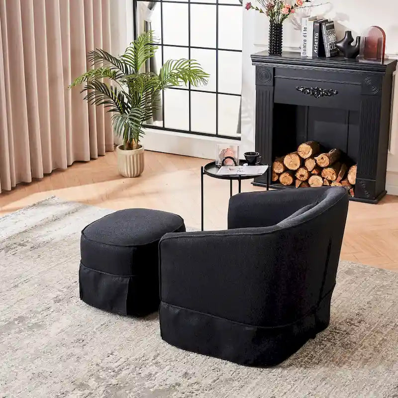 Poltrona Girevole A Botte Con Pouf, Poltrone Girevoli D'Accento, Poltrone Da Lettura, Poltrone Rotonde A Botte con Base in Metallo Nero