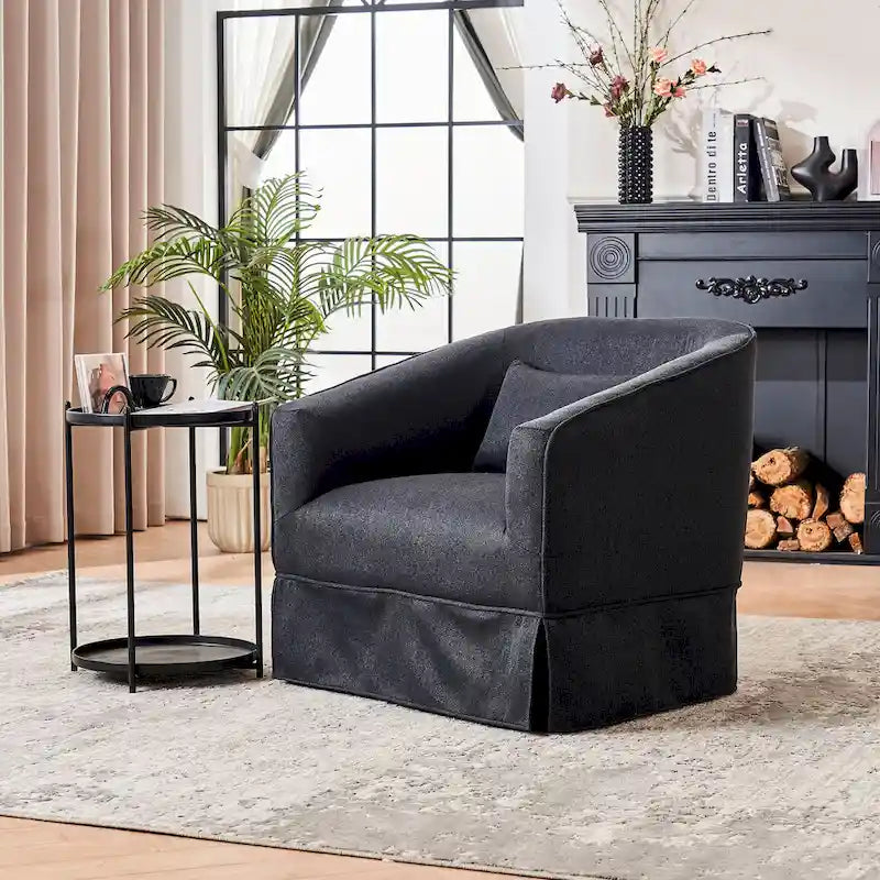 Poltrona Girevole A Botte Con Pouf, Poltrone Girevoli D'Accento, Poltrone Da Lettura, Poltrone Rotonde A Botte con Base in Metallo Nero