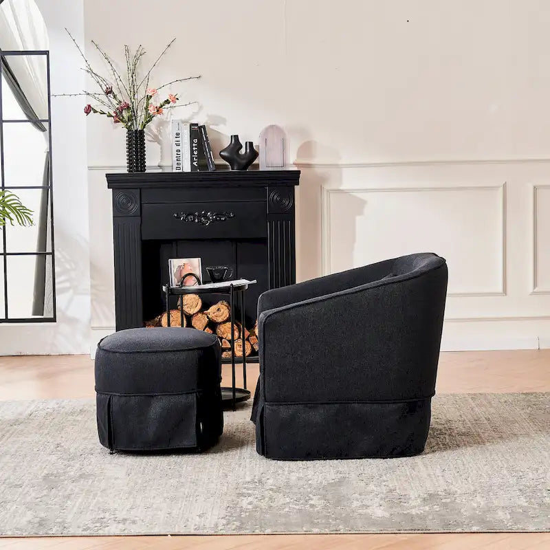 Poltrona Girevole A Botte Con Pouf, Poltrone Girevoli D'Accento, Poltrone Da Lettura, Poltrone Rotonde A Botte con Base in Metallo Nero