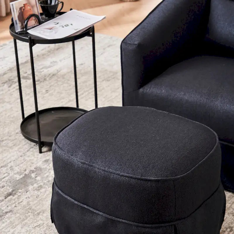 Poltrona Girevole A Botte Con Pouf, Poltrone Girevoli D'Accento, Poltrone Da Lettura, Poltrone Rotonde A Botte con Base in Metallo Nero