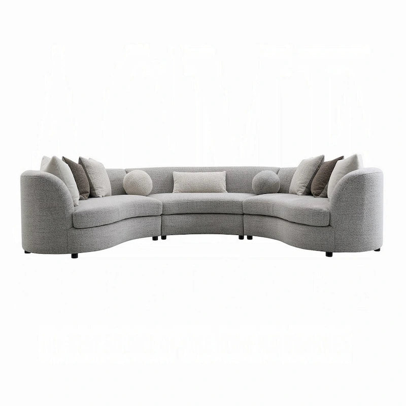 Kei 3pc Sectional Sofa, 9 Pillows, Curved Frame, Gray Boucle Fabric
