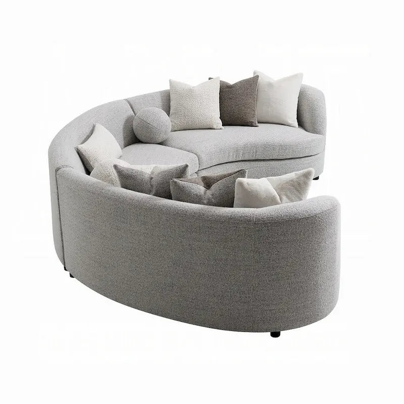 Divano componibile a 3 sezioni Kei, 9 cuscini, struttura curva, tessuto bouclé grigio