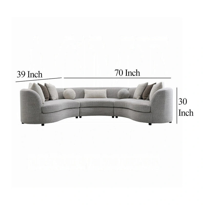Divano componibile a 3 sezioni Kei, 9 cuscini, struttura curva, tessuto bouclé grigio