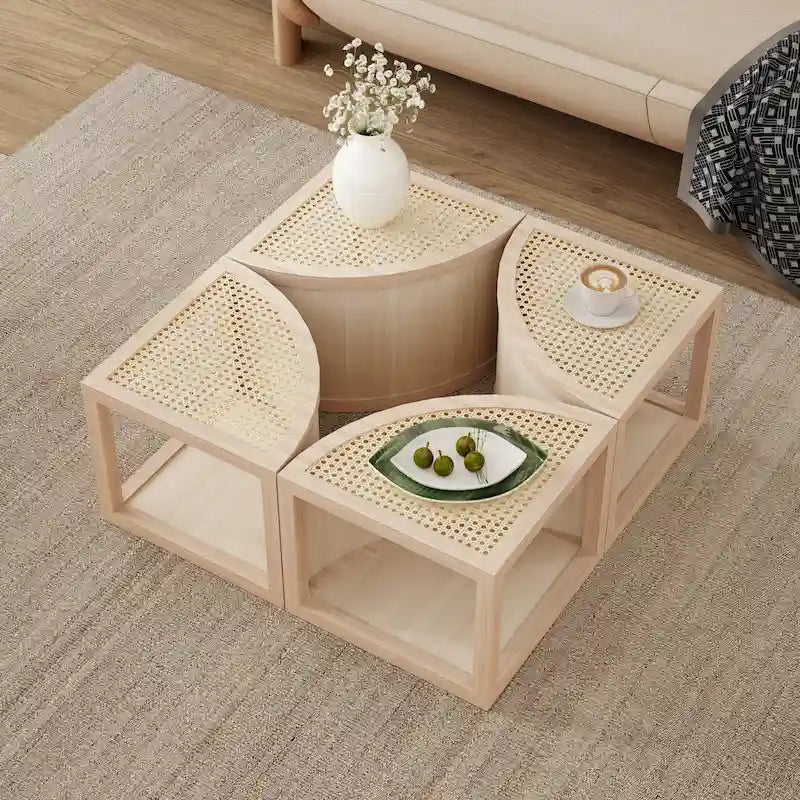 31.4 Tavolino Moderno Modulare in Legno con Rattan Naturale e Contenitore per Soggiorno