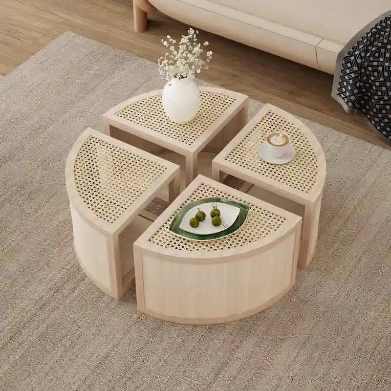 31.4 Tavolino Moderno Modulare in Legno con Rattan Naturale e Contenitore per Soggiorno
