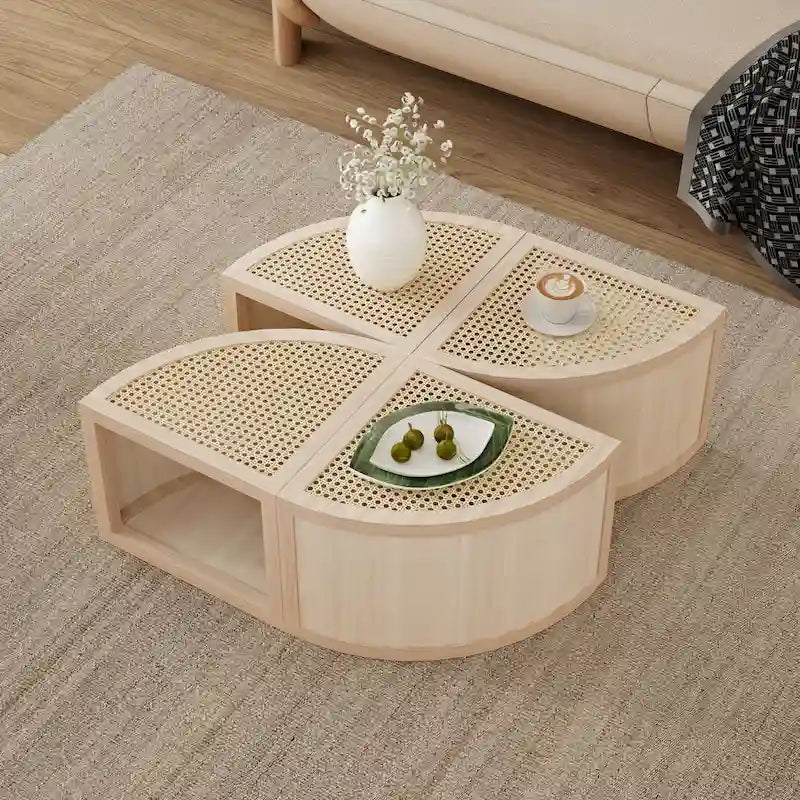 31.4 Tavolino Moderno Modulare in Legno con Rattan Naturale e Contenitore per Soggiorno
