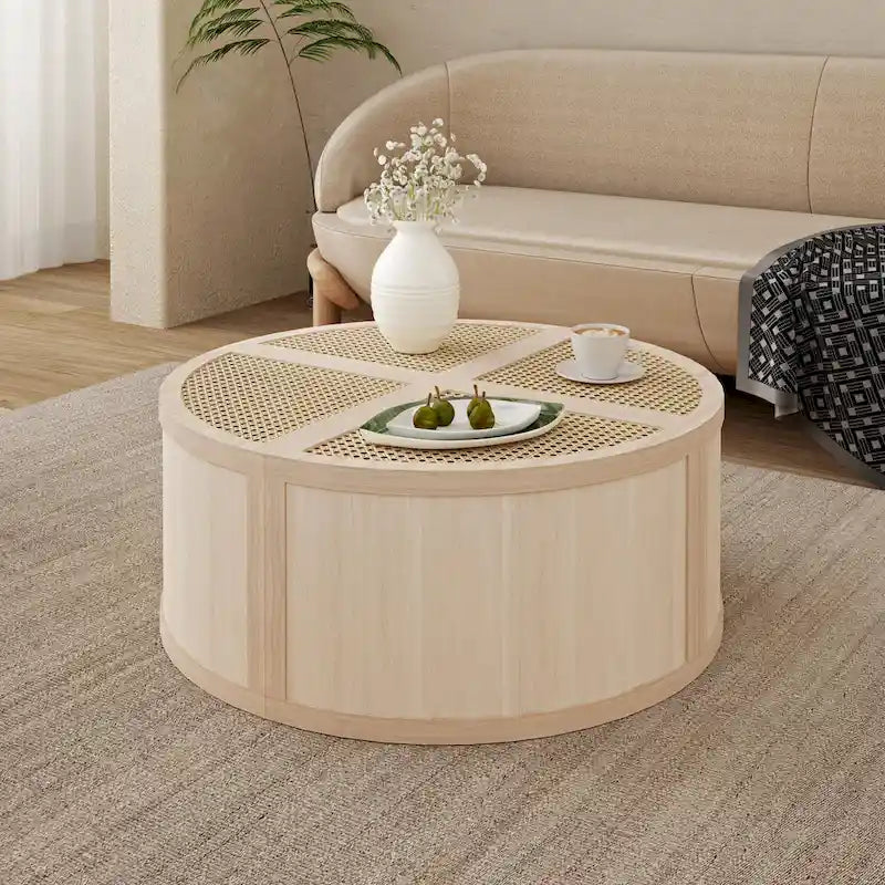 31.4 Tavolino Moderno Modulare in Legno con Rattan Naturale e Contenitore per Soggiorno