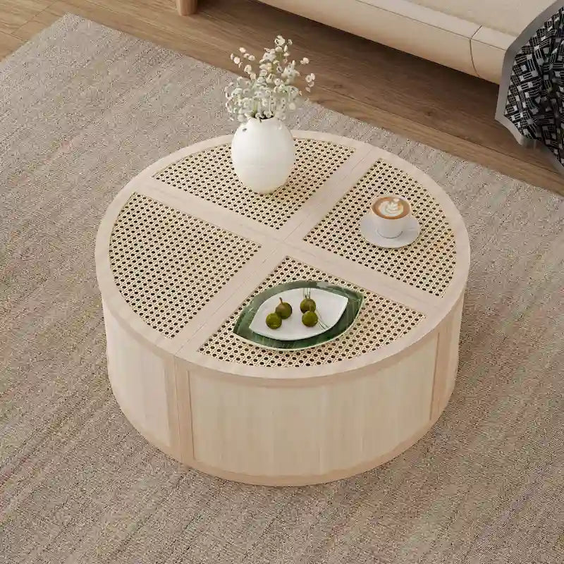 31.4 Tavolino Moderno Modulare in Legno con Rattan Naturale e Contenitore per Soggiorno