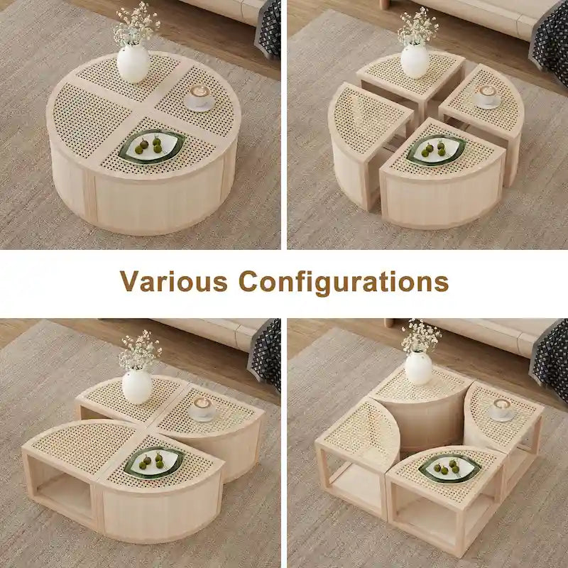 31.4 Tavolino Moderno Modulare in Legno con Rattan Naturale e Contenitore per Soggiorno
