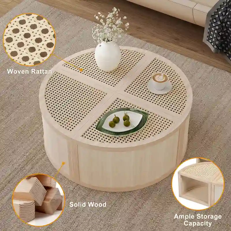 31.4 Tavolino Moderno Modulare in Legno con Rattan Naturale e Contenitore per Soggiorno