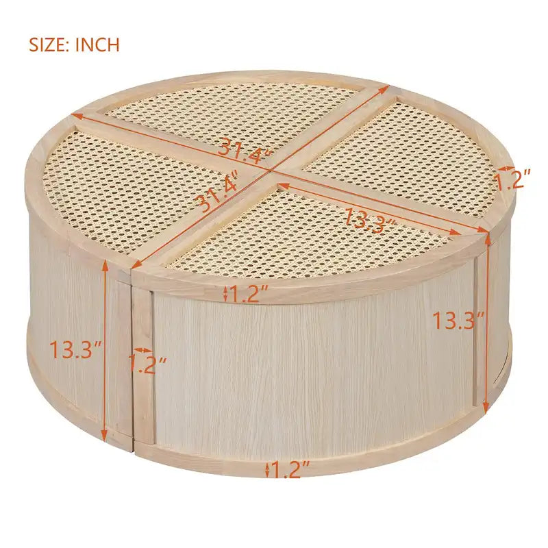 31.4 Tavolino Moderno Modulare in Legno con Rattan Naturale e Contenitore per Soggiorno