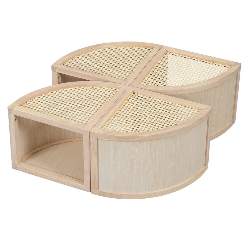 31.4 Tavolino Moderno Modulare in Legno con Rattan Naturale e Contenitore per Soggiorno