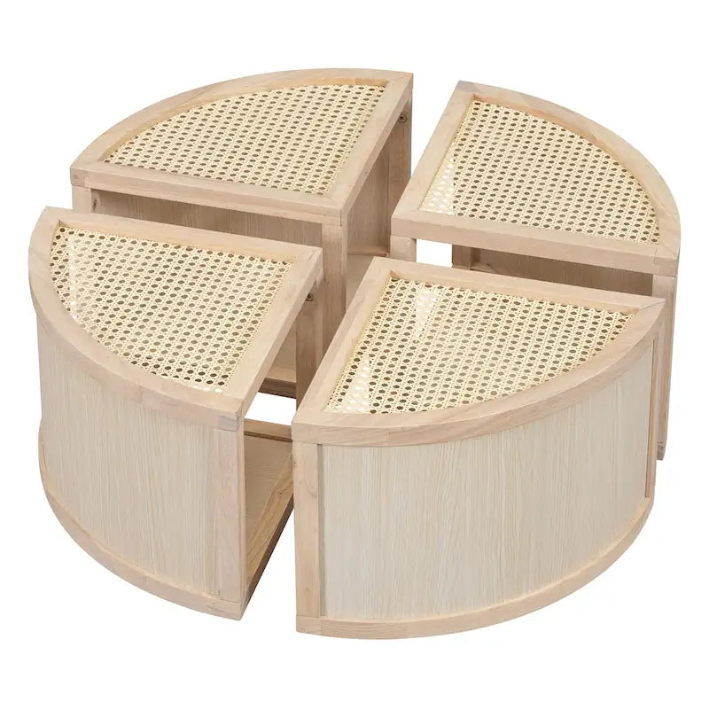 31.4 Tavolino Moderno Modulare in Legno con Rattan Naturale e Contenitore per Soggiorno