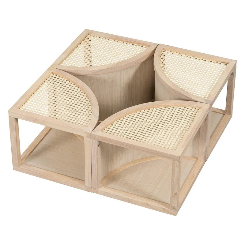 31.4 Tavolino Moderno Modulare in Legno con Rattan Naturale e Contenitore per Soggiorno