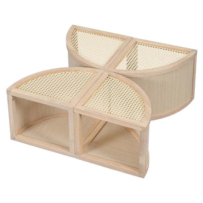 31.4 Tavolino Moderno Modulare in Legno con Rattan Naturale e Contenitore per Soggiorno
