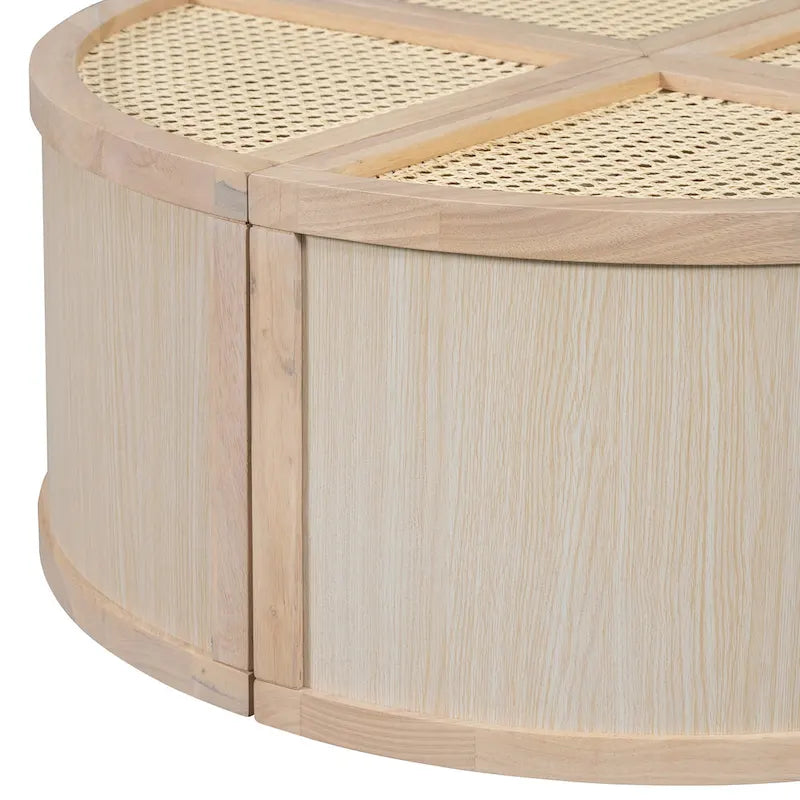 31.4 Tavolino Moderno Modulare in Legno con Rattan Naturale e Contenitore per Soggiorno