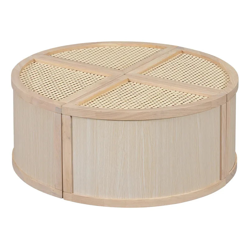 31.4 Tavolino Moderno Modulare in Legno con Rattan Naturale e Contenitore per Soggiorno