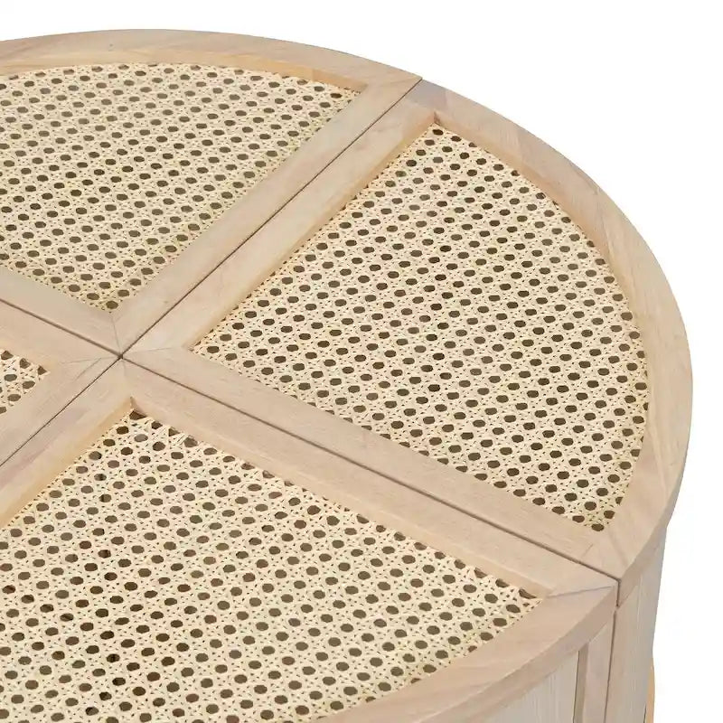 31.4 Tavolino Moderno Modulare in Legno con Rattan Naturale e Contenitore per Soggiorno