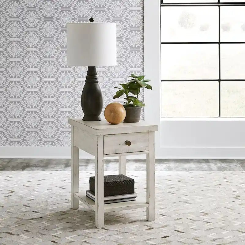 Tavolino con cassetto stile Modern Farmhouse, bianco, da mercato delle pulci