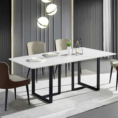 63 Modern and Minimalist Rectangular Stone Dining Table, Black Metal Frame
