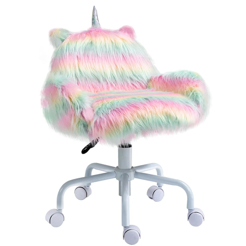 Sedia da ufficio Fluffy Unicorn con schienale medio e braccioli, base bianca con ruote girevoli a 5 stelle, arcobaleno - multicolore