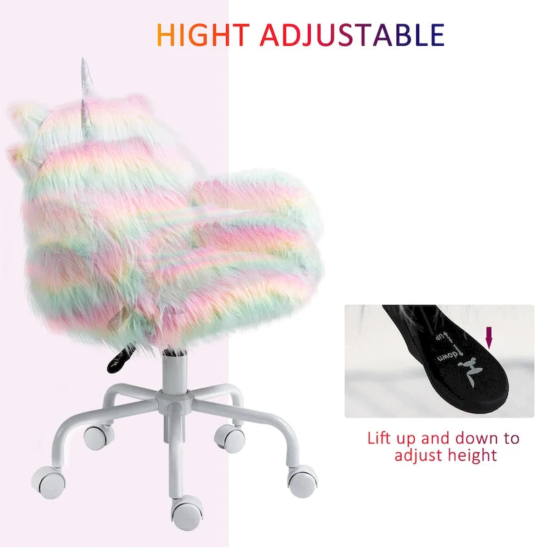 Sedia da ufficio Fluffy Unicorn con schienale medio e braccioli, base bianca con ruote girevoli a 5 stelle, arcobaleno - multicolore