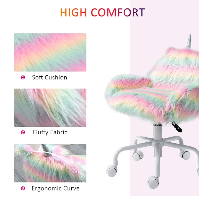 Sedia da ufficio Fluffy Unicorn con schienale medio e braccioli, base bianca con ruote girevoli a 5 stelle, arcobaleno - multicolore