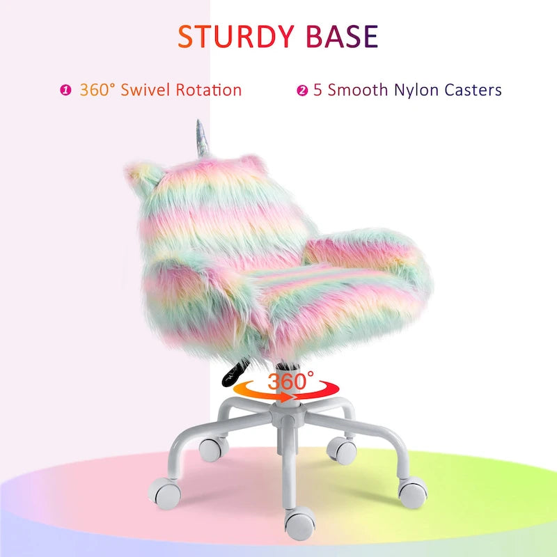 Sedia da ufficio Fluffy Unicorn con schienale medio e braccioli, base bianca con ruote girevoli a 5 stelle, arcobaleno - multicolore