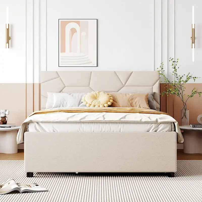 Letto a piattaforma imbottito matrimoniale con testiera a motivi in mattoni, con letto estraibile singolo e 2 cassetti, lino, beige