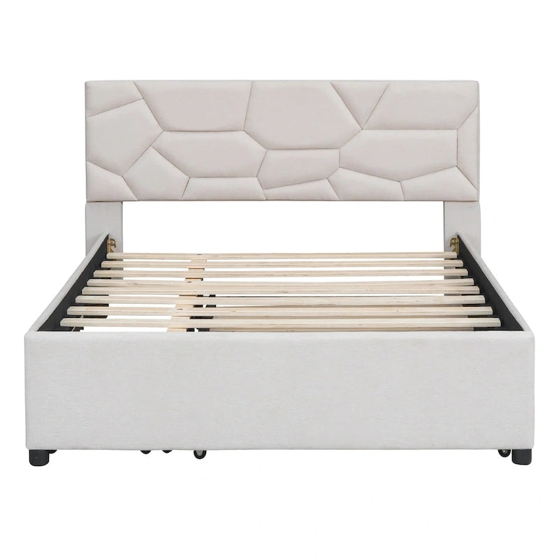 Letto a piattaforma imbottito matrimoniale con testiera a motivi in mattoni, con letto estraibile singolo e 2 cassetti, lino, beige
