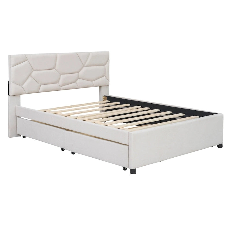 Letto a piattaforma imbottito matrimoniale con testiera a motivi in mattoni, con letto estraibile singolo e 2 cassetti, lino, beige