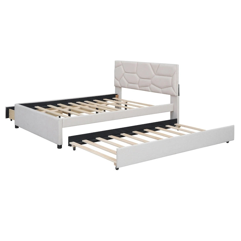 Letto a piattaforma imbottito matrimoniale con testiera a motivi in mattoni, con letto estraibile singolo e 2 cassetti, lino, beige