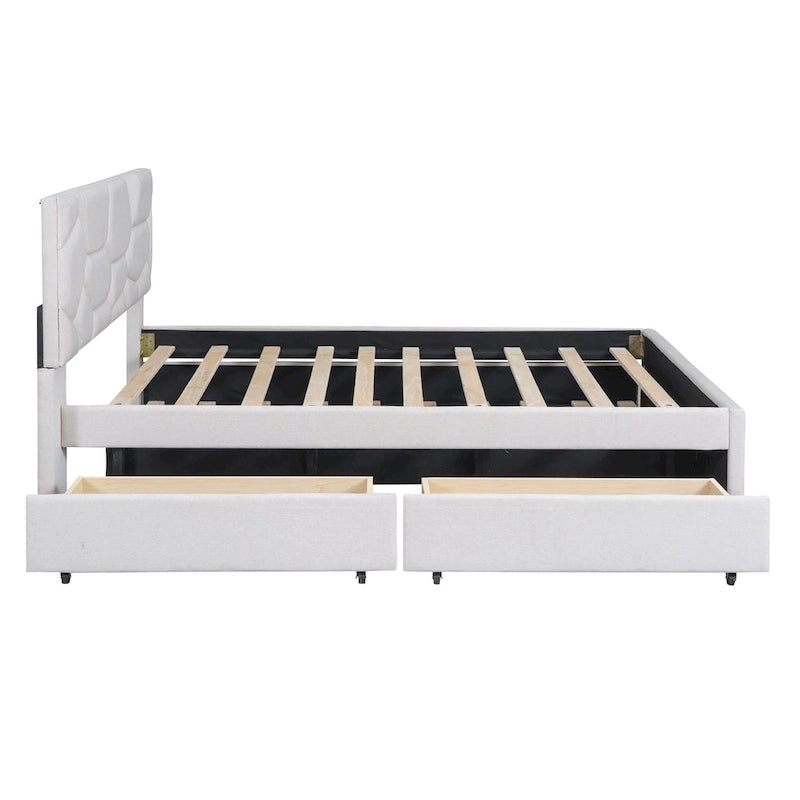 Letto a piattaforma imbottito matrimoniale con testiera a motivi in mattoni, con letto estraibile singolo e 2 cassetti, lino, beige