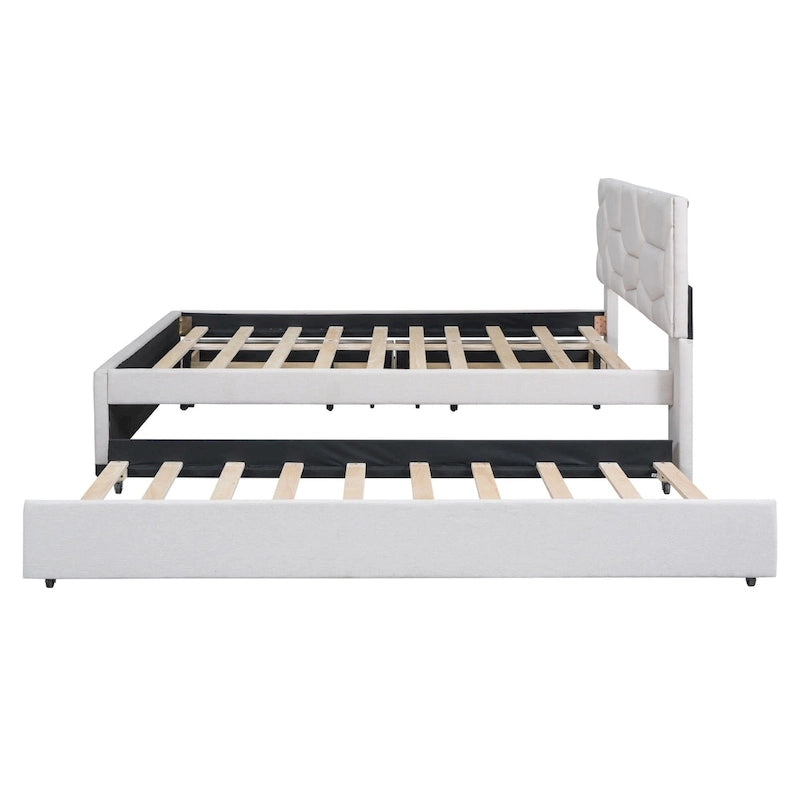 Letto a piattaforma imbottito matrimoniale con testiera a motivi in mattoni, con letto estraibile singolo e 2 cassetti, lino, beige