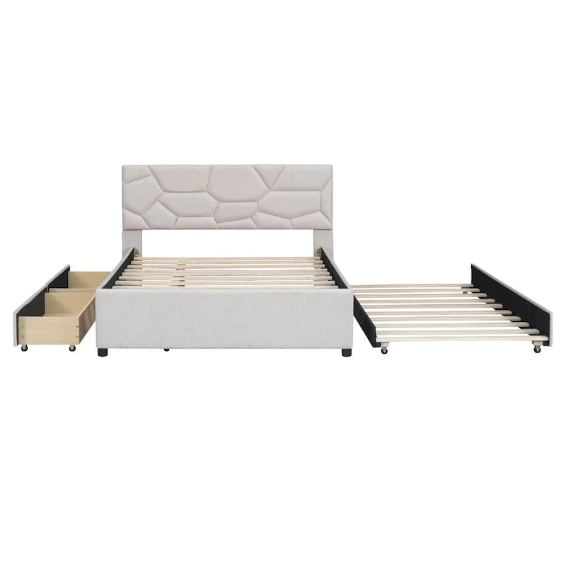 Letto a piattaforma imbottito matrimoniale con testiera a motivi in mattoni, con letto estraibile singolo e 2 cassetti, lino, beige