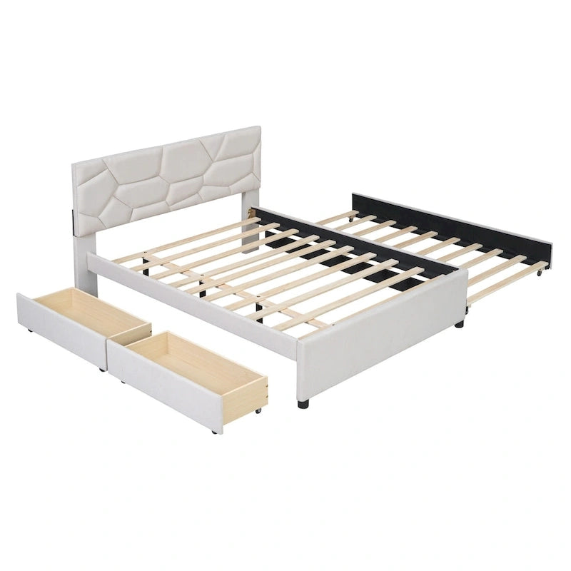 Letto a piattaforma imbottito matrimoniale con testiera a motivi in mattoni, con letto estraibile singolo e 2 cassetti, lino, beige